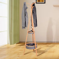 Bamboo Coat Rack with Storage Rack, ModernCoat Rack Coat Hooks Clothes Hanger Holder, Scarf Hat Handbags with 2 Round Basket for Bedroom Living Room Entryway Hallway