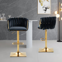 Bar Stool Set of 2, Velvet Swivel Barstools with Woven Back, Height Adjustable Counter Stools, Modern Dining Chair with Footrest, Upholstered Bar Chairs for Kitchen Island Cafe Pub, Black