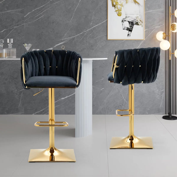 Bar Stool Set of 2, Velvet Swivel Barstools with Woven Back, Height Adjustable Counter Stools, Modern Dining Chair with Footrest, Upholstered Bar Chairs for Kitchen Island Cafe Pub, Black