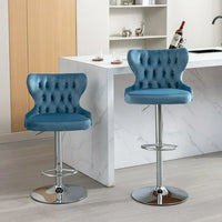 Bar Stool Swivel Chairs Set of 2, Velvet Adjustable Height Barstools with Tufted Back and Footrest, Modern Upholstered Tall Bar Stools Dining Chairs for Home Pub Kitchen Island Cafe, Light Blue