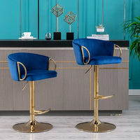 Bar Stools Set of 2,Velvet Counter Height Bar Stools with Chrome Footrest and Gold Base,Swivel Height Adjustable Barstools for Kitchen Island,Pub,Dining Room,Navy