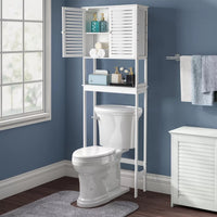 Bathroom Over The Toilet Storage Cabinet, Bamboo Over Toilet Organizer with 2 Doors, Inside Adjustable Shelf and Open Shelf, Freestanding Storage Rack for Laundry, Hotel, Restroom, White