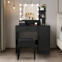Black Bedroom Makeup Vanity Set, Vanity Desk with Light, Mirror and Cushioned Stool, Modern Makeup Dressing Table for Girls, Wife, Daughter, Mother, Adjustable Light Brightness