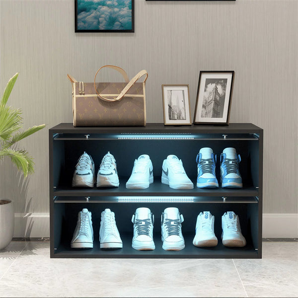Black Shoe Box with RGB Led Light, 2 Tiers Storage Shoe Cabinet with Flip Glass Door, Free Standing Shoe Rack Shoe Organizer for Entryway Hallway Bedroom Small Space