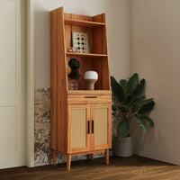 Bookshelf Display Case with Rattan Door and Drawer,Walnut Finish Narrow Bookcase with Open Storage Shelves,Book Shelf for Living Room Bedroom Home Office Kitchen,Oak