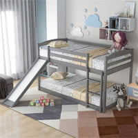 Bunk Bed with Convertible Slide for Kids Teens, Twin Over Twin Floor Bunk Bed with Ladder for Kids Bedroom, Wood Low Bunk Bed Frame No Box Spring Required, Gray, 79.2" L x 83.4" W x 49.2" H