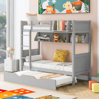 Bunk Bed with Twin Size Trundle and Bookshelf, Twin Over Twin Bunk Bed Frame with Safety Guardrail and Ladder, Solid Wood Separable Storage Bed Frame for Kids Boys Girls No Box Spring Needed, Gray