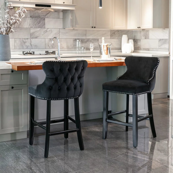 Classic Velvet Bar Stools set of 2, Upholstered Stools with Button Tufted Decoration, Wing-Back, Wooden Legs, Footrest, Goth Style Bar Chairs for Kitchen Island, Coffee Shop, Dining Room, Black