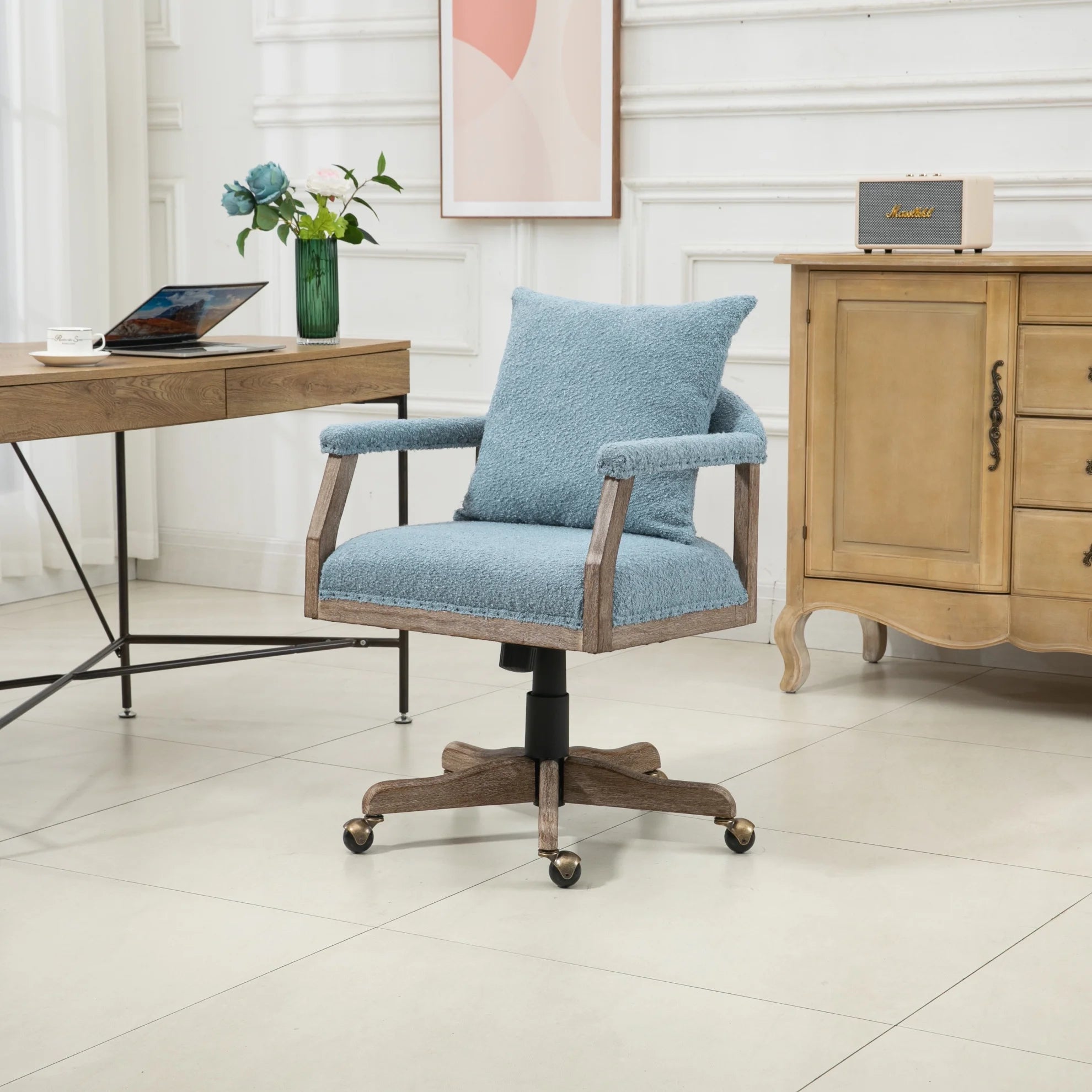 Computer Chair Home Office Chair,Adjustable Swivel Desk Chair with Wood Leg,Fabric Study Chair Task Chair for Living Room,Home Office,Light Blue