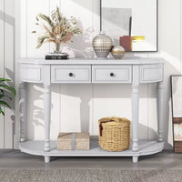 Console Table Sofa Table, Retro Circular Curved Design Console Table, Buffet Sideboard Storage Cabinet with Open Style Shelf Solid Wooden Frame and Legs, 2 Top Drawers, Gray Wash