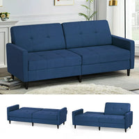 Convertible Folding Sofa Bed Futon, Linen Fabric Loveseat Couch with Adjustable Backrest and Solid Wood Legs, 77"Sleeper Sofa for Living Room, Apartment, Office, Blue
