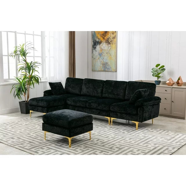 Convertible L-Shaped Sectional Sofa with Movable Ottoman, Upholstered Accent Sofa with 2 Pillows and Golden Metal Legs, Modular Sectional Couch Sets for Living Room Office Apartment, Black