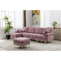 Convertible L-Shaped Sectional Sofa with Movable Ottoman, Upholstered Accent Sofa with 2 Pillows and Golden Metal Legs, Modular Sectional Couch Sets for Living Room Office Apartment, Purple