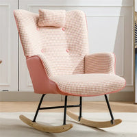 Cotton Linen Fabric Nursery Rocking Armchair with Head Pillow, Houndstooth Glider Rocker with Solid Wood Base for Living Room, Bedroom, Baby Room, Pink