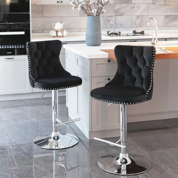 Counter Height Bar Stools Set of 2, Swivel Velvet Barstools Adjusatble Seat Height from 25-33 Inch, Modern Upholstered Bar Stools with High Back and Metal Leg for Home Pub Kitchen Island, Black+Sliver