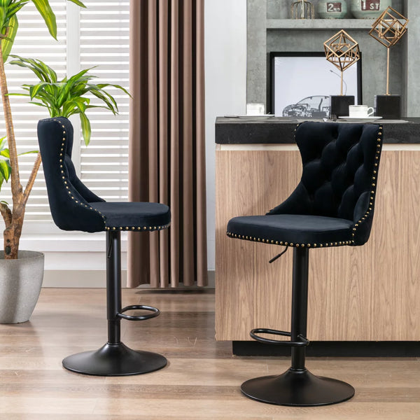 Counter Height Bar Stools Set of 2, Swivel Velvet Barstools Adjusatble Seat Height from 25-33 Inch, Modern Upholstered Bar Stools with High Back and Metal Leg for Home Pub Kitchen Island, Black+Black