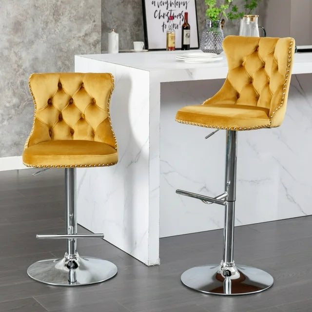 Counter Height Bar Stools Set of 2, Swivel Velvet Barstools Adjusatble Seat Height from 25-33 Inch, Modern Upholstered Bar Stools with High Back and Metal Leg for Home Pub Kitchen Island, Gold+Sliver
