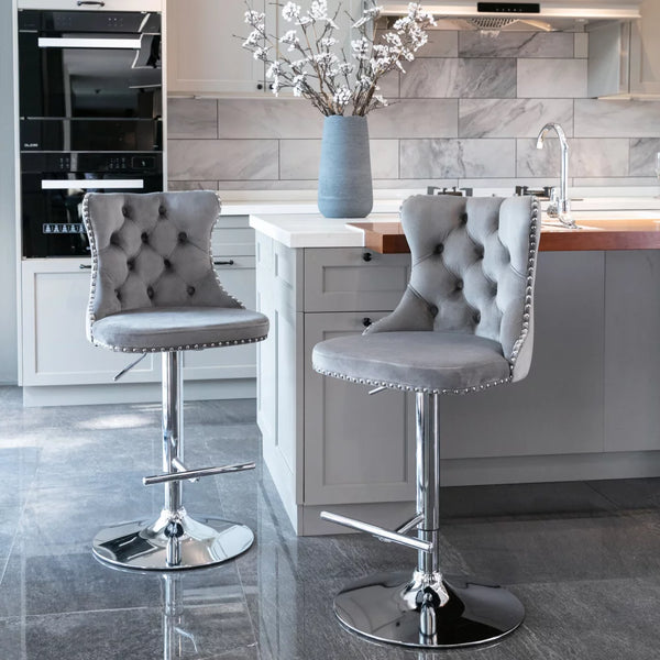 Counter Height Bar Stools Set of 2, Swivel Velvet Barstools Adjusatble Seat Height from 25-33 Inch, Modern Upholstered Bar Stools with High Back and Metal Leg for Home Pub Kitchen Island, Gray+Sliver