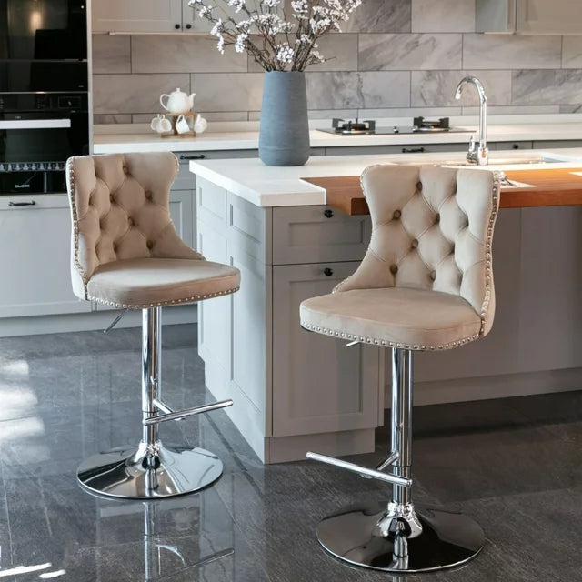 Counter Height Bar Stools Set of 2, Swivel Velvet Barstools Adjusatble Seat Height from 25-33 Inch, Modern Upholstered Bar Stools with High Back and Metal Leg for Home Pub Kitchen Island, khaki+Sliver