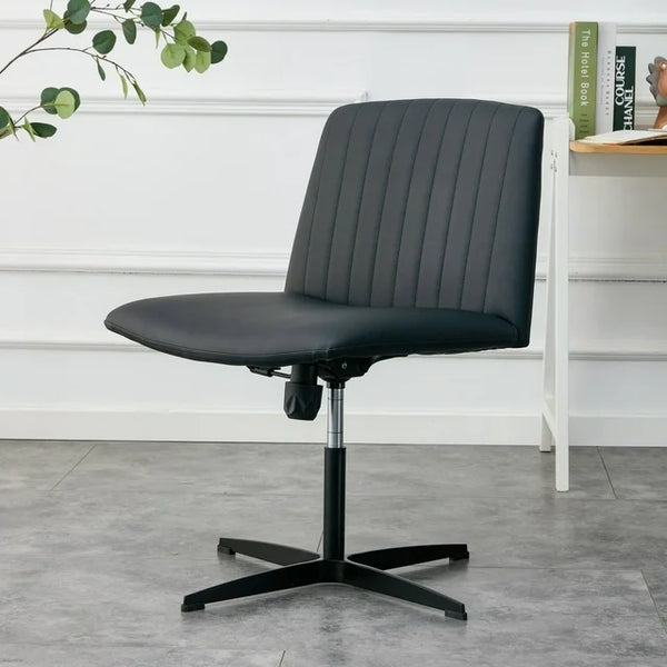 Cross Legged Office Chair No Wheels, PU Leather Criss Cross Desk Chair Wide Seat with Swivel, Adjustable and Rocking, Armless Vanity Chair Task Chair for Living Room Bedroom, Black PU