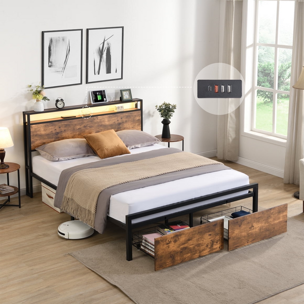 Queen Size Platform Bed with LED Lights and Charging Station, Industrial Full Bed Frame with 2 Drawers, Under-Bed Storage and Wooden Headboard, Noise Free, No Box Spring Needed, Rustic Brown