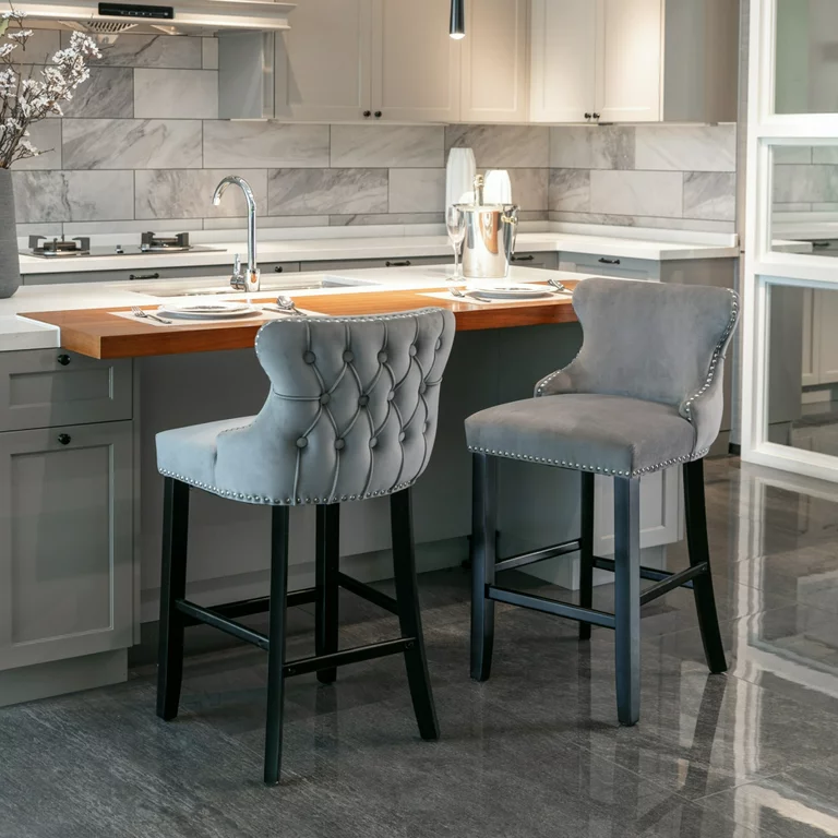Counter Height Bar Stools Set of 2, Velvet Upholstered Barstools with Button Tufted, Nailhead Trim and Wooden Legs, Wing-Back Bar Chairs Counter Stools for Kitchen Island Dining Room Pub Cafe, Gray