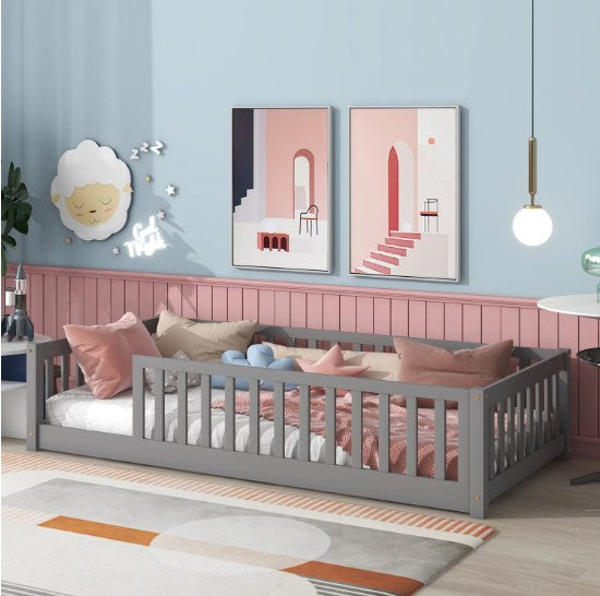 Twin Floor Bed for Kids, Wooden Montessori Bed Frame with Fence Guardrails and Support Slats, Low Platform Bed for Toddlers Girls Boys, No Box Spring Needed, Gray
