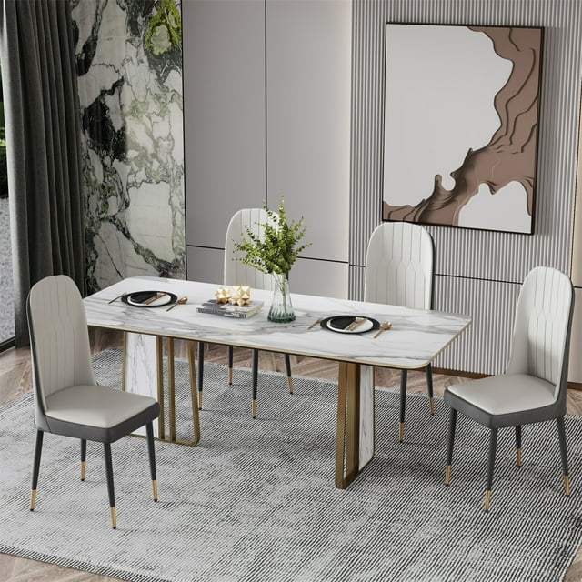 Dining Chair Set of 4, Modern PU Leather Kitchen Chairs with Iron Metal Gold Plated Legs, 4PCS Dining Chairs with High Back, Side Chair Diner Chair for Dining Room Bar Counter Living Room, White