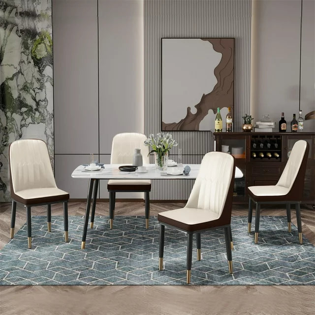 Dining Chair Set of 4, Modern PU Leather Upholstered Dining Room Chairs with High Back and Metal Gold Plated Legs Comfy Accent Chair Breakfast Chairs for Living Room Kitchen Island Bedroom Beige+Brown