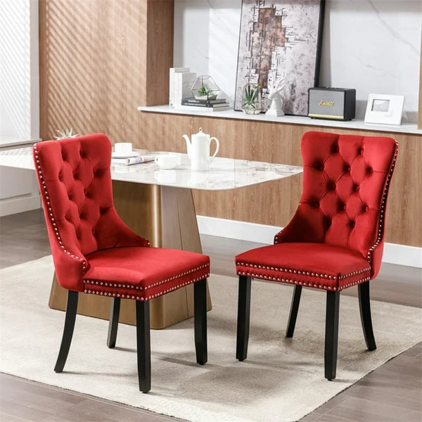 Dining Chairs Set of 2, Modern Velvet Upholstered Dining Room Chairs with Button Tufted Back & Nailhead Trim & Ring Pull, Wingback Dinner Chairs with Solid Wood Legs for Kitchen Dining Room, Burgundy