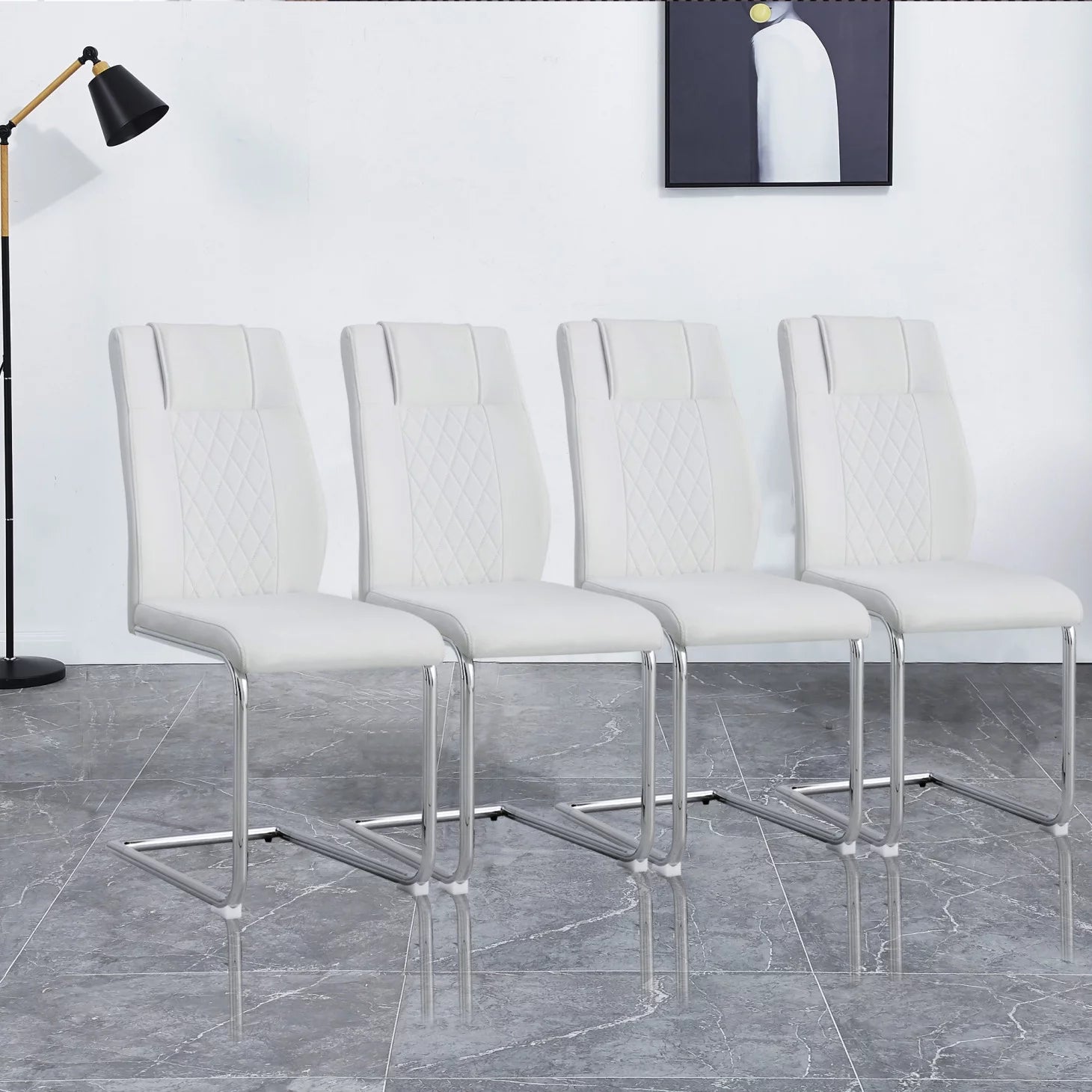 Dining Chairs Set of 4, Modern Dining Chairs with Faux Leather Padded Seat Upholstered High Back Diner Chair with Metal Legs for Kitchen, Living, Bedroom, Dining Room Armless Side Chair, White