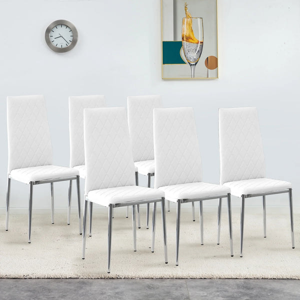 Dining Chairs Set of 6, Faux Leather Armless High Back Kitchen Chairs, Grid Shaped Dining Room Chairs with Metal Legs, Upholstered Dinner Chairs, Side Chair for Dining Room, Kitchen, Hotel