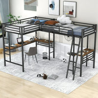 Double Loft Beds Twin Size, L Shaped Loft Bed Frame with Two Built-in Desks, Heavy Duty Bunk Bed with Desk for Kids Boys Girls Teens, 250LBS Weight Capacity, Black