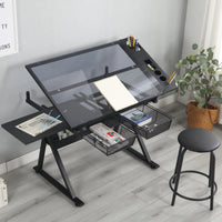 Drafting Table Art Tesk for Adults and Artists, Tempered Glass Drawing Table with 0-75° Height-Adjustable, Craft Tables with Multiple Storage and Drafting Stool, Versatile Drafting Desk Home Office
