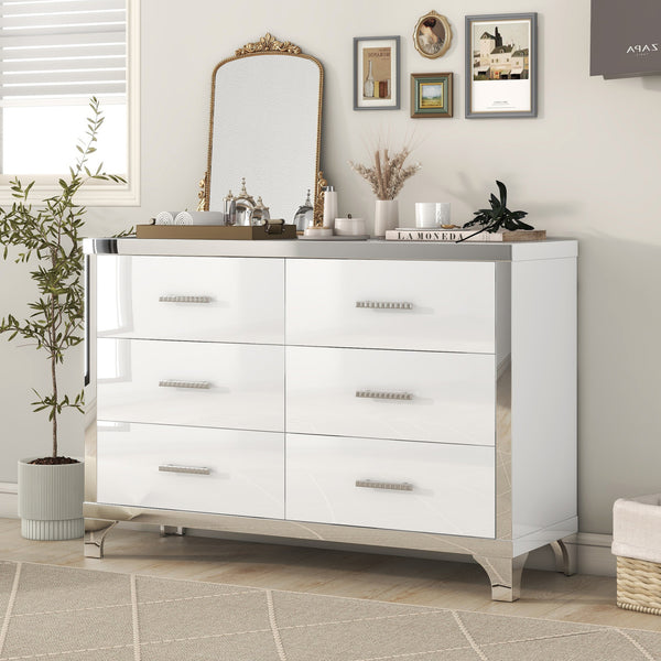 Dresser for Bedroom with 6 Drawer, Elegant High Gloss Dresser & Chest of Drawers with Metal Handle, Wooden Mirrored Storage Drawer Cabinet for Bedroom, Living Room, Entryway, Closet, Hallway, White