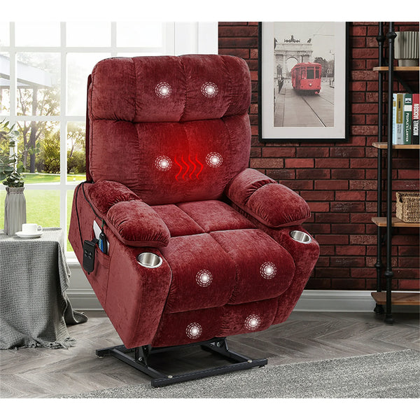 Dual OKIN Motor Power Lift Recliner Chair with Massage and Heating Function for Elderly, Modern Recliner Chair with 2 Cup Holders and Lay Flat 180 Degree for Living Room, Red