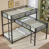 L-Shaped Triple Twin Size Bunk Bed, Metal Bunk Bed with Built-in Ladder, Heavy-Duty Bunk Bed Frame with with Safety Guardrails, No Spring Box Needed, Black