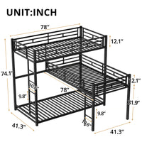 L-Shaped Triple Twin Size Bunk Bed, Metal Bunk Bed with Built-in Ladder, Heavy-Duty Bunk Bed Frame with with Safety Guardrails, No Spring Box Needed, Black