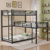L-Shaped Triple Twin Size Bunk Bed, Metal Bunk Bed with Built-in Ladder, Heavy-Duty Bunk Bed Frame with with Safety Guardrails, No Spring Box Needed, Black