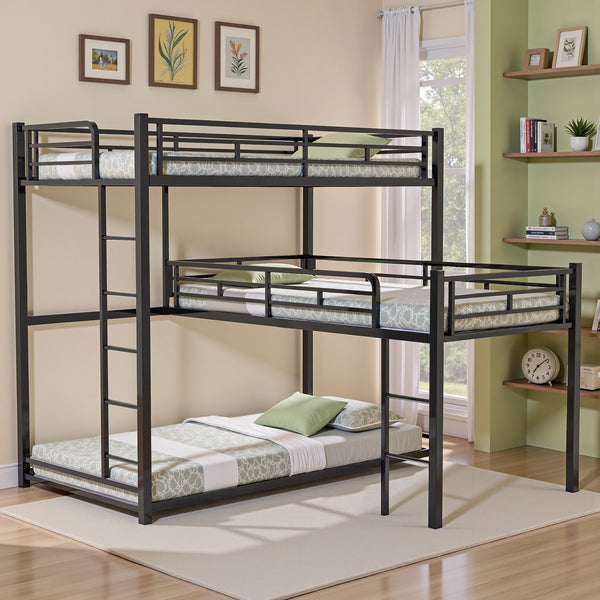 L-Shaped Triple Twin Size Bunk Bed, Metal Bunk Bed with Built-in Ladder, Heavy-Duty Bunk Bed Frame with with Safety Guardrails, No Spring Box Needed, Black