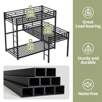 L-Shaped Triple Twin Size Bunk Bed, Metal Bunk Bed with Built-in Ladder, Heavy-Duty Bunk Bed Frame with with Safety Guardrails, No Spring Box Needed, Black
