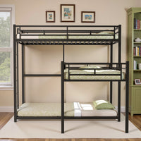 L-Shaped Triple Twin Size Bunk Bed, Metal Bunk Bed with Built-in Ladder, Heavy-Duty Bunk Bed Frame with with Safety Guardrails, No Spring Box Needed, Black