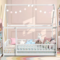 Queen Size Montessori Floor Bed Frame with Slats and Fence, Wooden House Bed for Boys Girls Bedroom, White