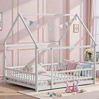 Queen Size Montessori Floor Bed Frame with Slats and Fence, Wooden House Bed for Boys Girls Bedroom, White