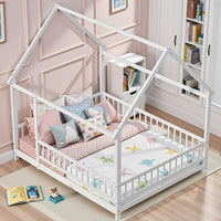 Queen Size Montessori Floor Bed Frame with Slats and Fence, Wooden House Bed for Boys Girls Bedroom, White