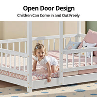 Queen Size Montessori Floor Bed Frame with Slats and Fence, Wooden House Bed for Boys Girls Bedroom, White