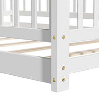 Queen Size Montessori Floor Bed Frame with Slats and Fence, Wooden House Bed for Boys Girls Bedroom, White