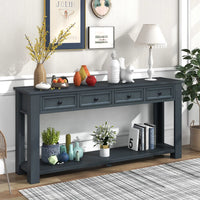 Extra Long Console Table, 64" Farmhouse Wood Sofa Table with 4 Storage Drawers and Open Bottom Shelves, Wood Couch Accent Vintage Entryway Side Table for Hallway, Living Room,Navy