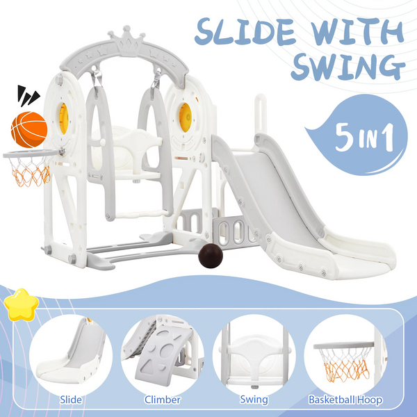 5 in 1 Toddler Swing and Slide Set with Climber, Kids Playground Climber Slide Playset with Basketball Hoop, High Adjustable Toddler Swing Set with Safety Armrest for Indoor & Outdoor Backyard, Gray