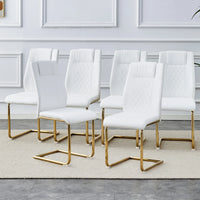 Faux Leather Dining Chairs Set of 6, PU Leather Accent Chairs with Backrest, Metal Legs, 6pcs Armless Parsons Chair for Bed Room,Kitchen, Living Room, White+Gold